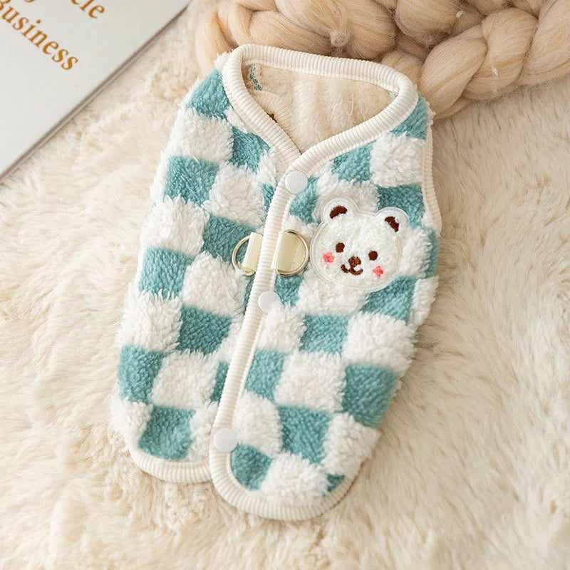 Bear Print Plush Dog Sweater with Buckle