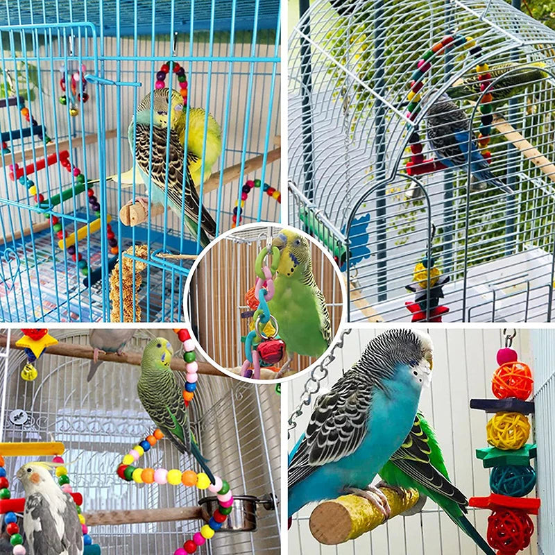 Wood Parrot Toys Set - 7 Piece Bird Cage Accessories