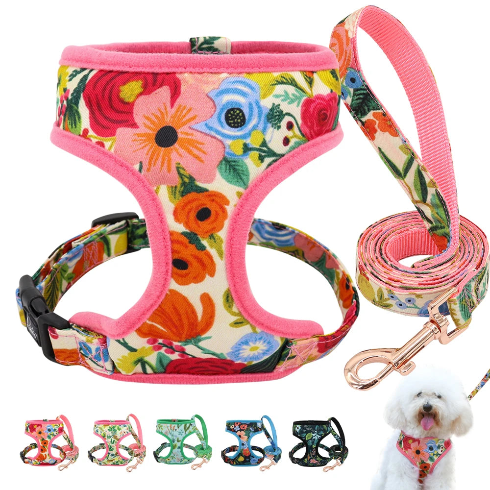 Floral Dog Harness and Leash Set - Adjustable Comfort Vest for Small to Large Dogs