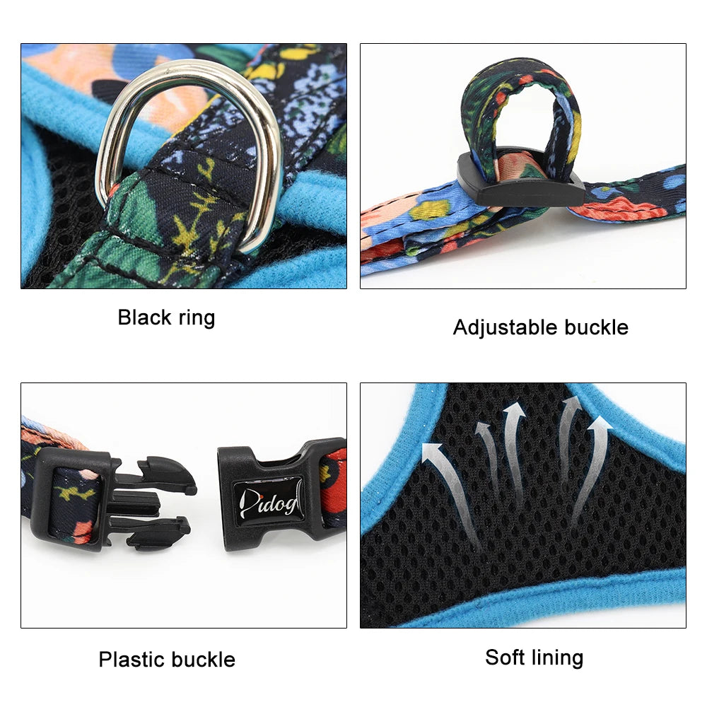 Floral Dog Harness and Leash Set - Adjustable Comfort Vest for Small to Large Dogs