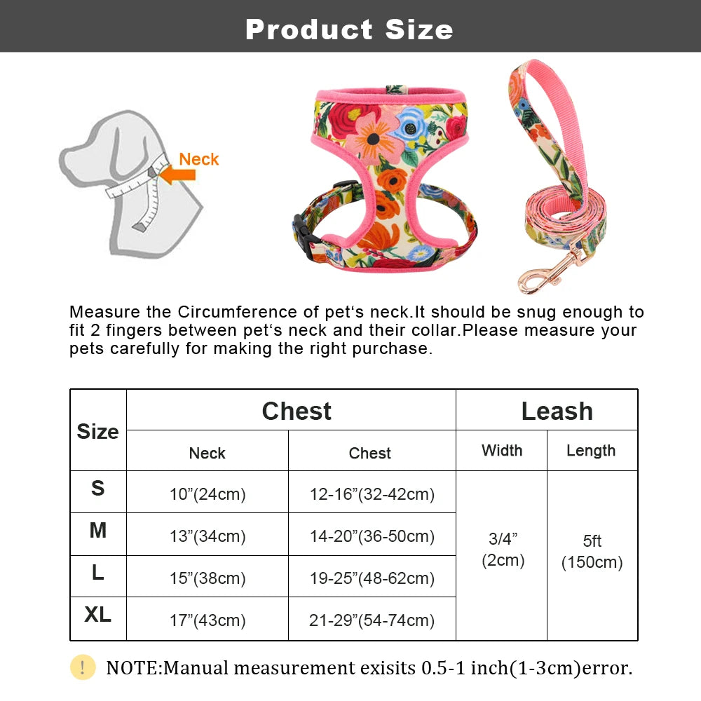 Floral Dog Harness and Leash Set - Adjustable Comfort Vest for Small to Large Dogs