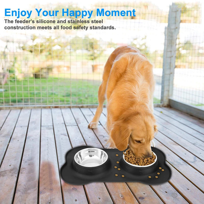 Double Dog Bowl with Non-Slip Silicone Mat
