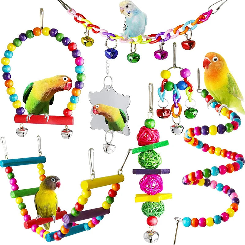 Wood Parrot Toys Set - 7 Piece Bird Cage Accessories