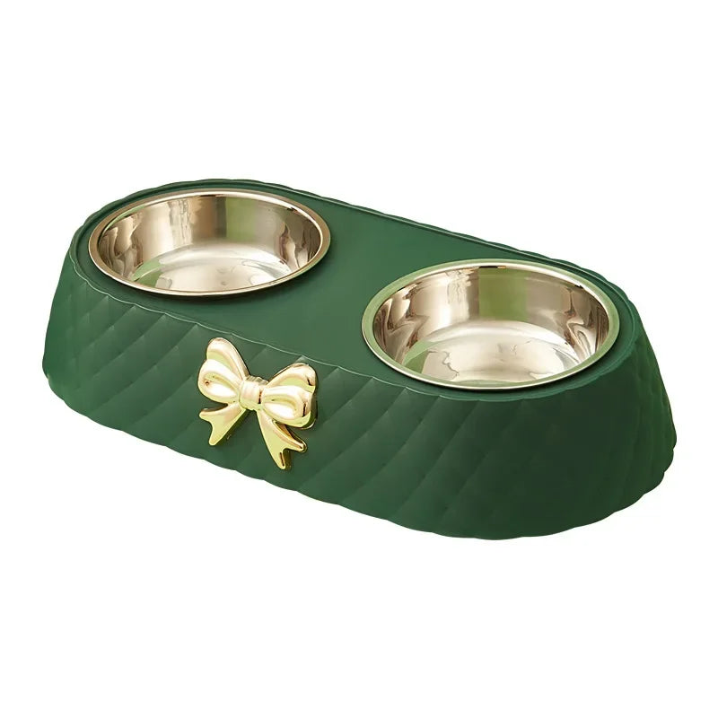 Pet Double Bowl with Bowtie Design