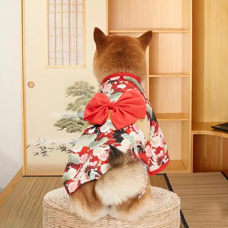 Japanese Style Pet Kimono - Summer Cat & Dog Coat with Bow-Knot