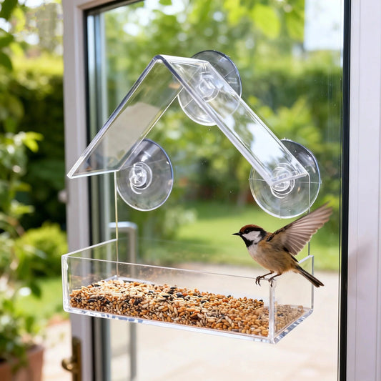 Acrylic Bird Feeder Clear Window Outside Hanging Bird Feeder House with Suction Cup for Garden Outdoor Backyard Wildlife Birding
