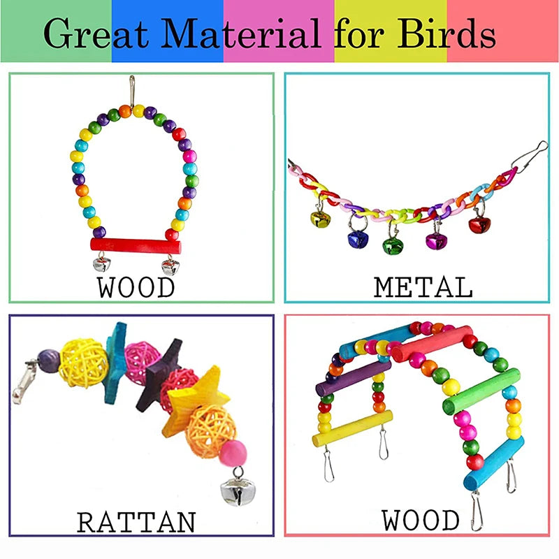 Wood Parrot Toys Set - 7 Piece Bird Cage Accessories