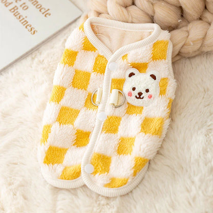Bear Print Plush Dog Sweater with Buckle