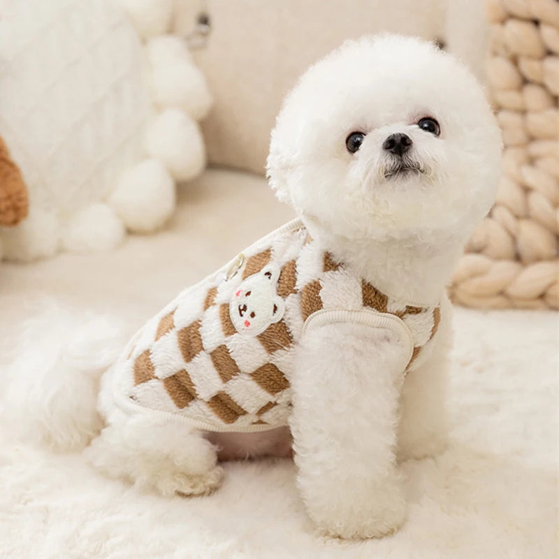 Bear Print Plush Dog Sweater with Buckle