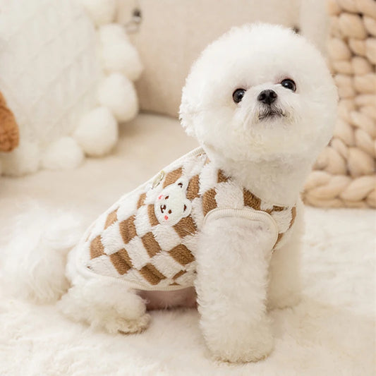 Bear Print Plush Dog Sweater with Buckle