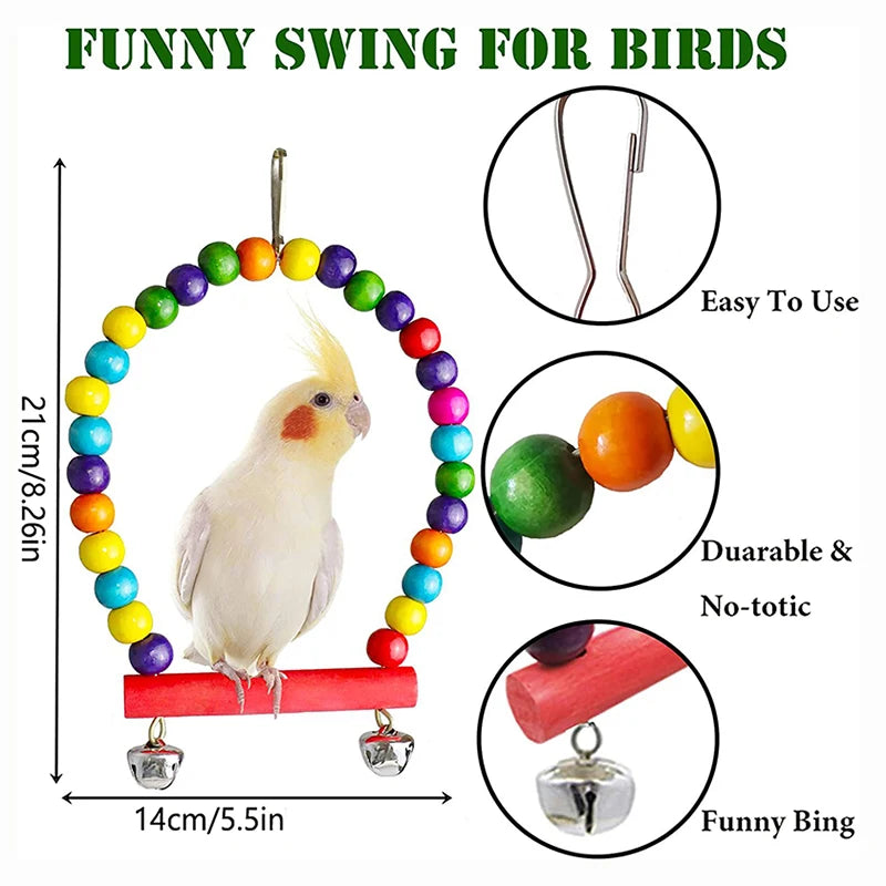 Wood Parrot Toys Set - 7 Piece Bird Cage Accessories