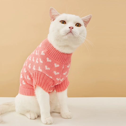 Heart Graphic Cat Sweater - Soft Warm Pet Clothing