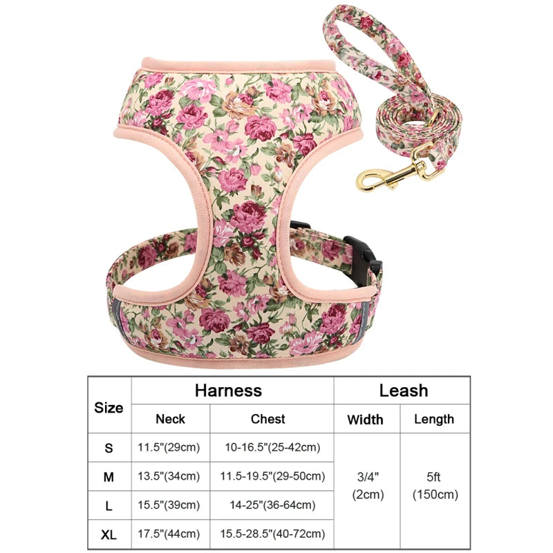 Floral Dog Harness and Leash Set - Adjustable Comfort Vest for Small to Large Dogs