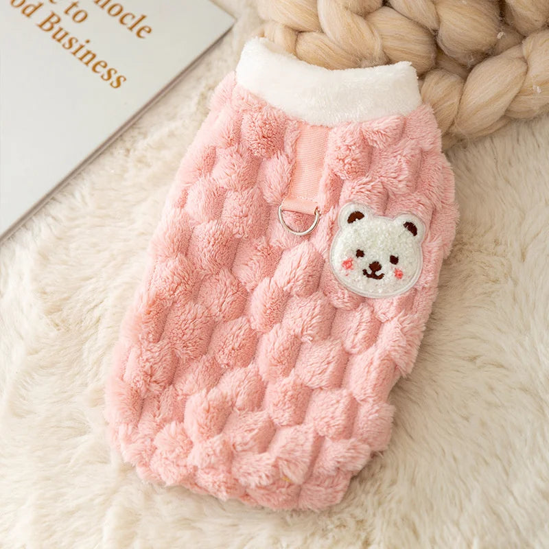 Bear Print Plush Dog Sweater with Buckle