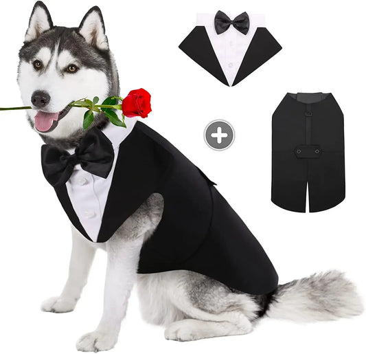 Pet Dog Formal Tuxedo Suit - Wedding Party Outfit with Tie & Bow for Dogs & Cats