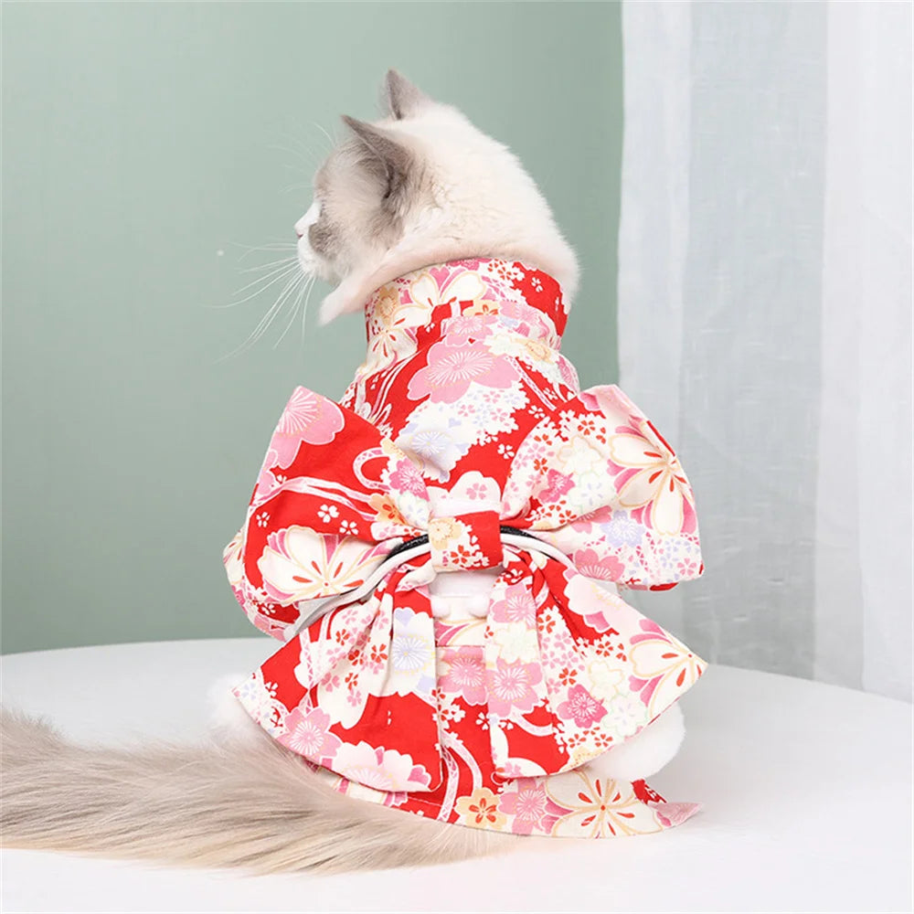Japanese Style Pet Kimono - Summer Cat & Dog Coat with Bow-Knot