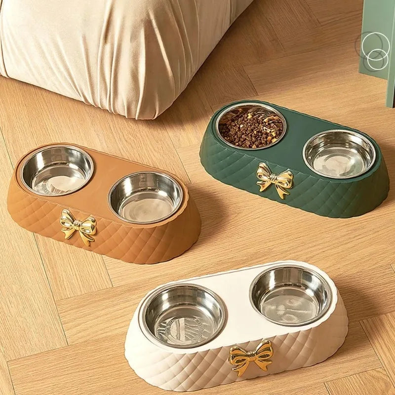 Pet Double Bowl with Bowtie Design