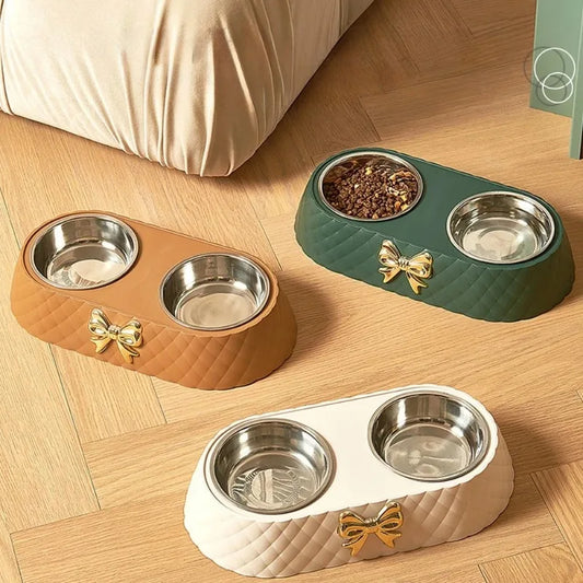 Pet Double Bowl with Bowtie Design