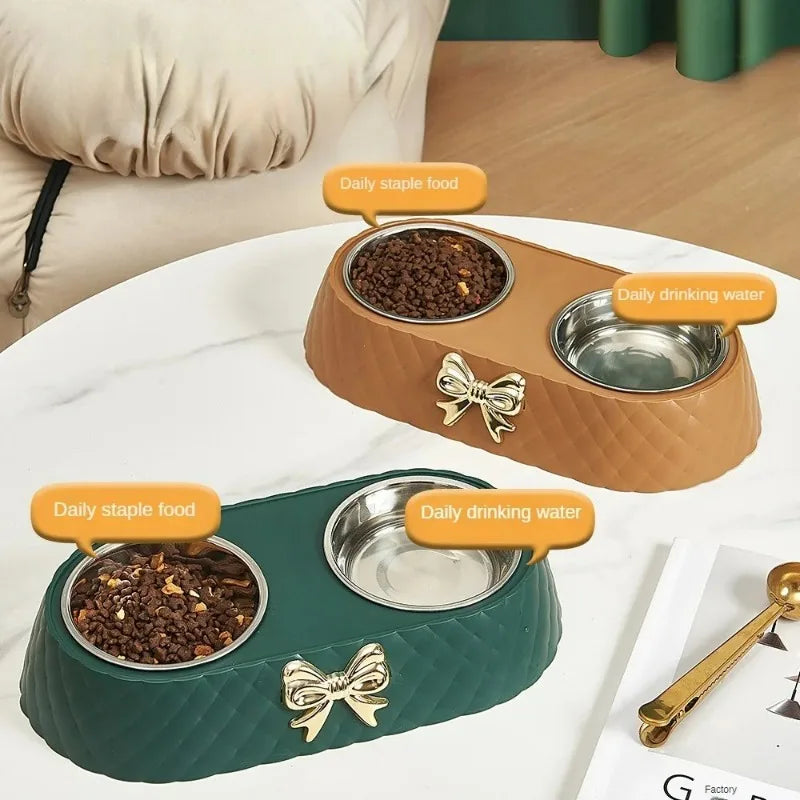 Pet Double Bowl with Bowtie Design