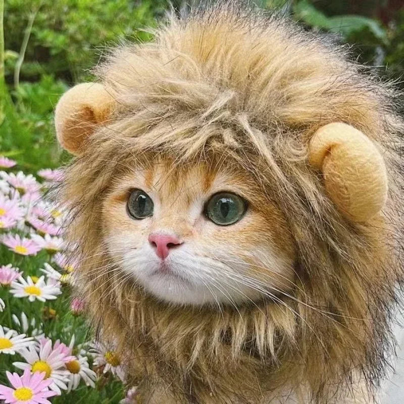 Lion Mane Cat Costume - Adjustable Pet Headgear for Cats and Dogs