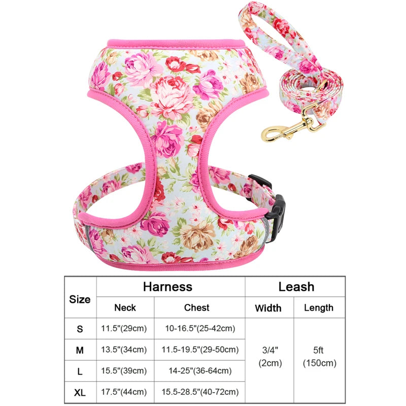 Floral Dog Harness and Leash Set - Adjustable Comfort Vest for Small to Large Dogs