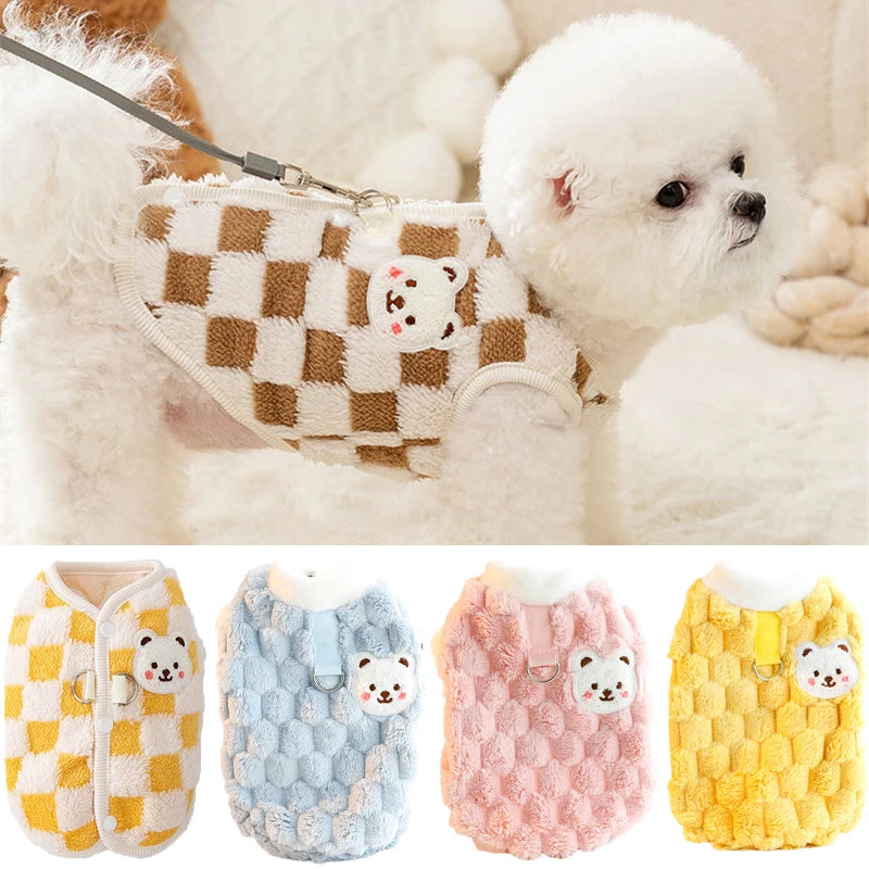 Bear Print Plush Dog Sweater with Buckle