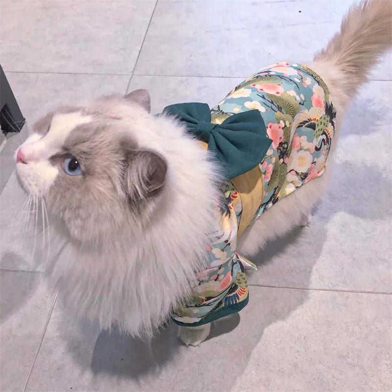 Japanese Style Pet Kimono - Summer Cat & Dog Coat with Bow-Knot