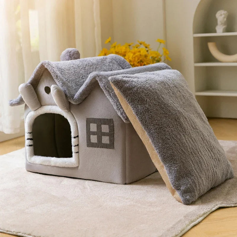 Foldable Pet Cave Bed - Warm Winter House for Cats & Small Dogs